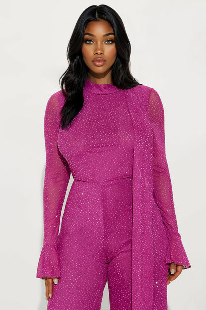 Amaya Rhinestone Scarf Jumpsuit - Magenta