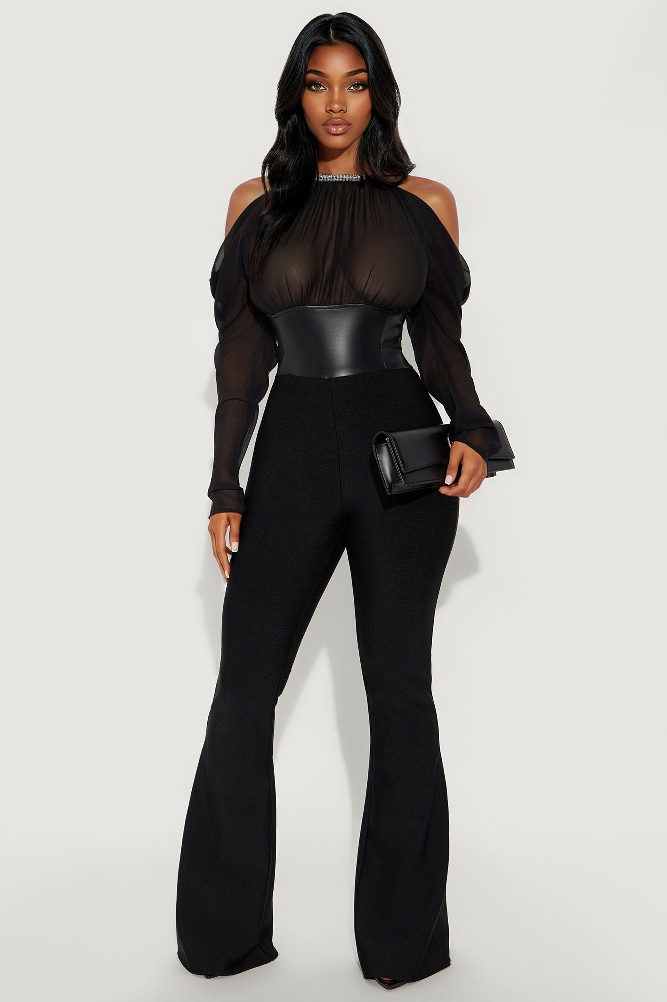 Cleo Choker Bandage Flare Leg Jumpsuit - Black