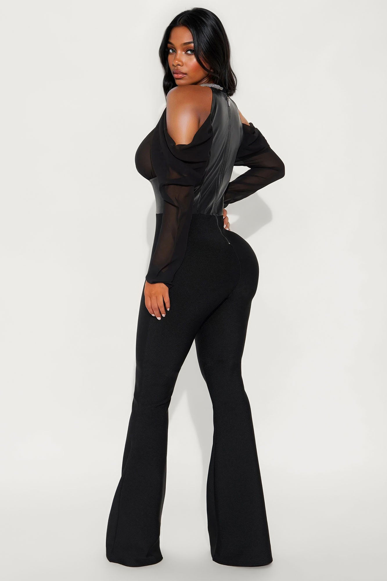 Cleo Choker Bandage Flare Leg Jumpsuit - Black