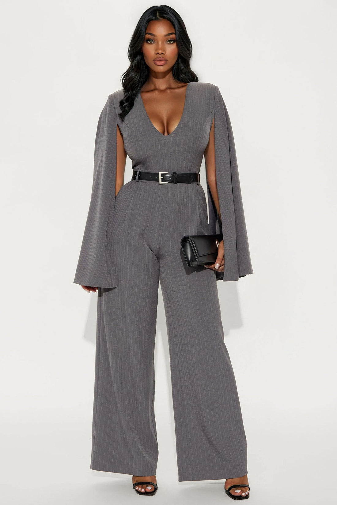 Harlowe Pinstripe Wide Leg Jumpsuit - Grey