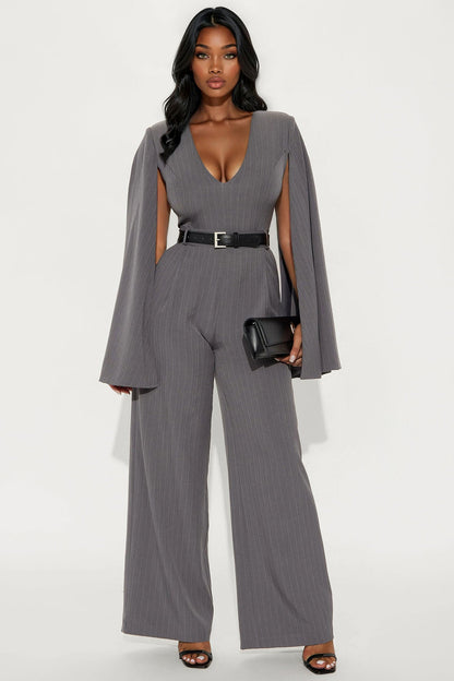 Harlowe Pinstripe Wide Leg Jumpsuit - Grey