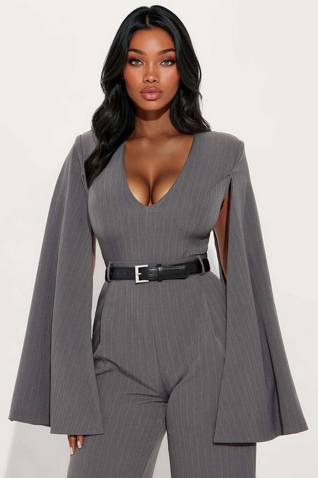 Harlowe Pinstripe Wide Leg Jumpsuit - Grey