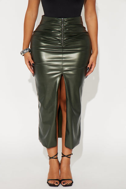Not That Into You Faux Leather Maxi Skirt - Military Green