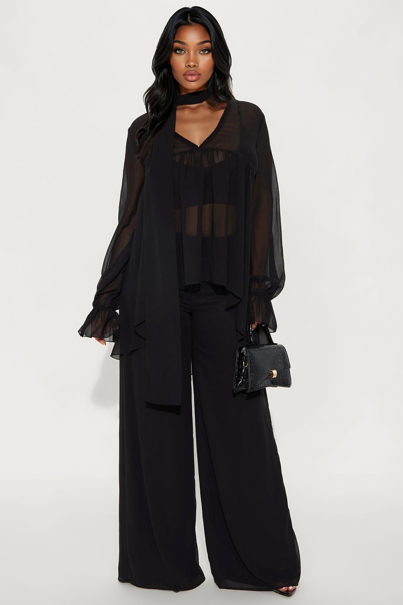 Karina Flowy Chiffon Wide Leg Pant Set - Black