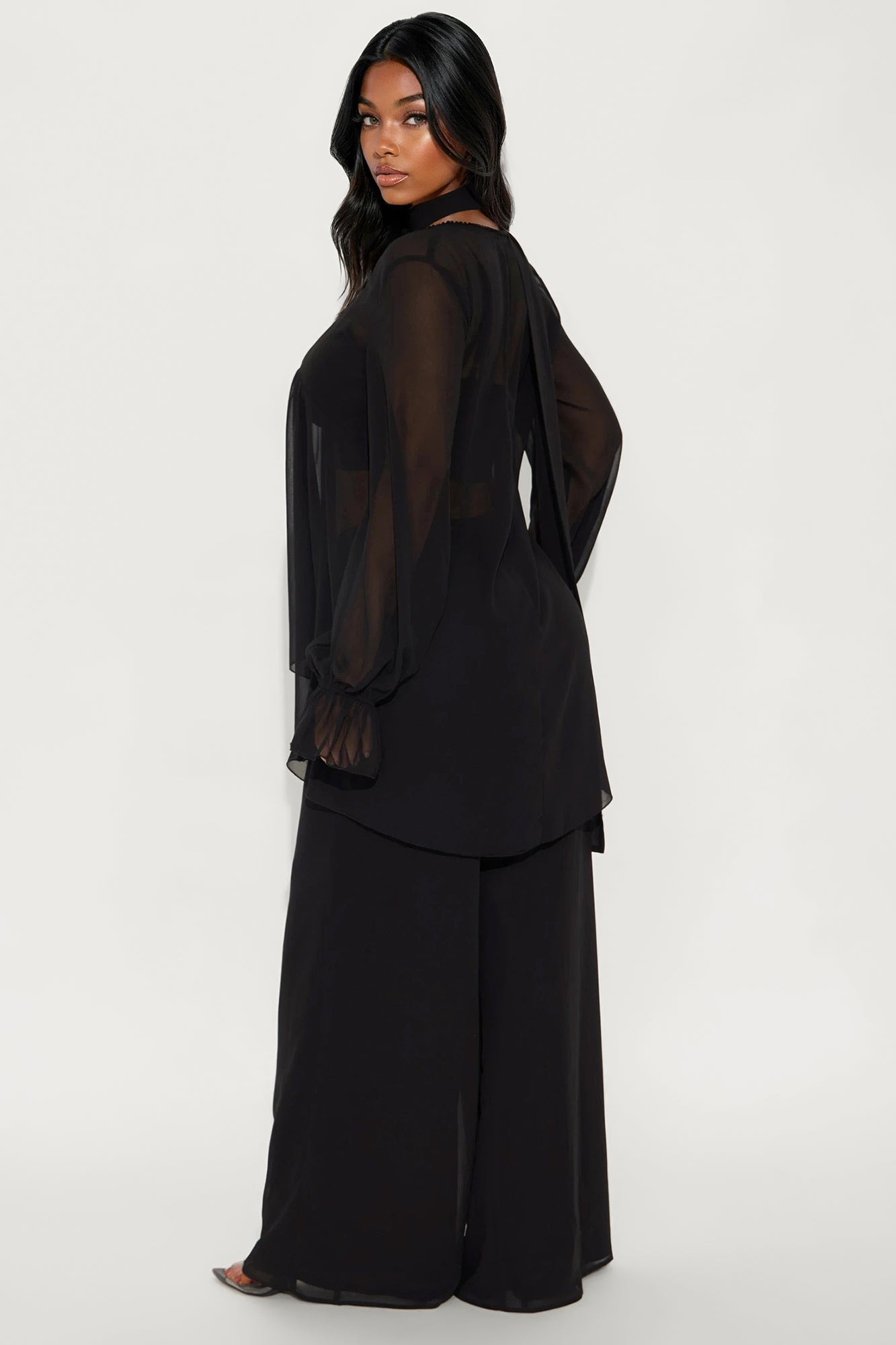 Karina Flowy Chiffon Wide Leg Pant Set - Black