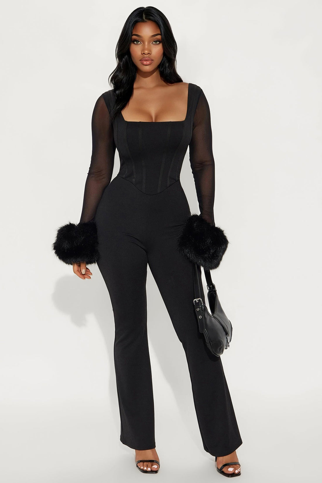 The Night We Met Faux Fur Corset Jumpsuit - Black