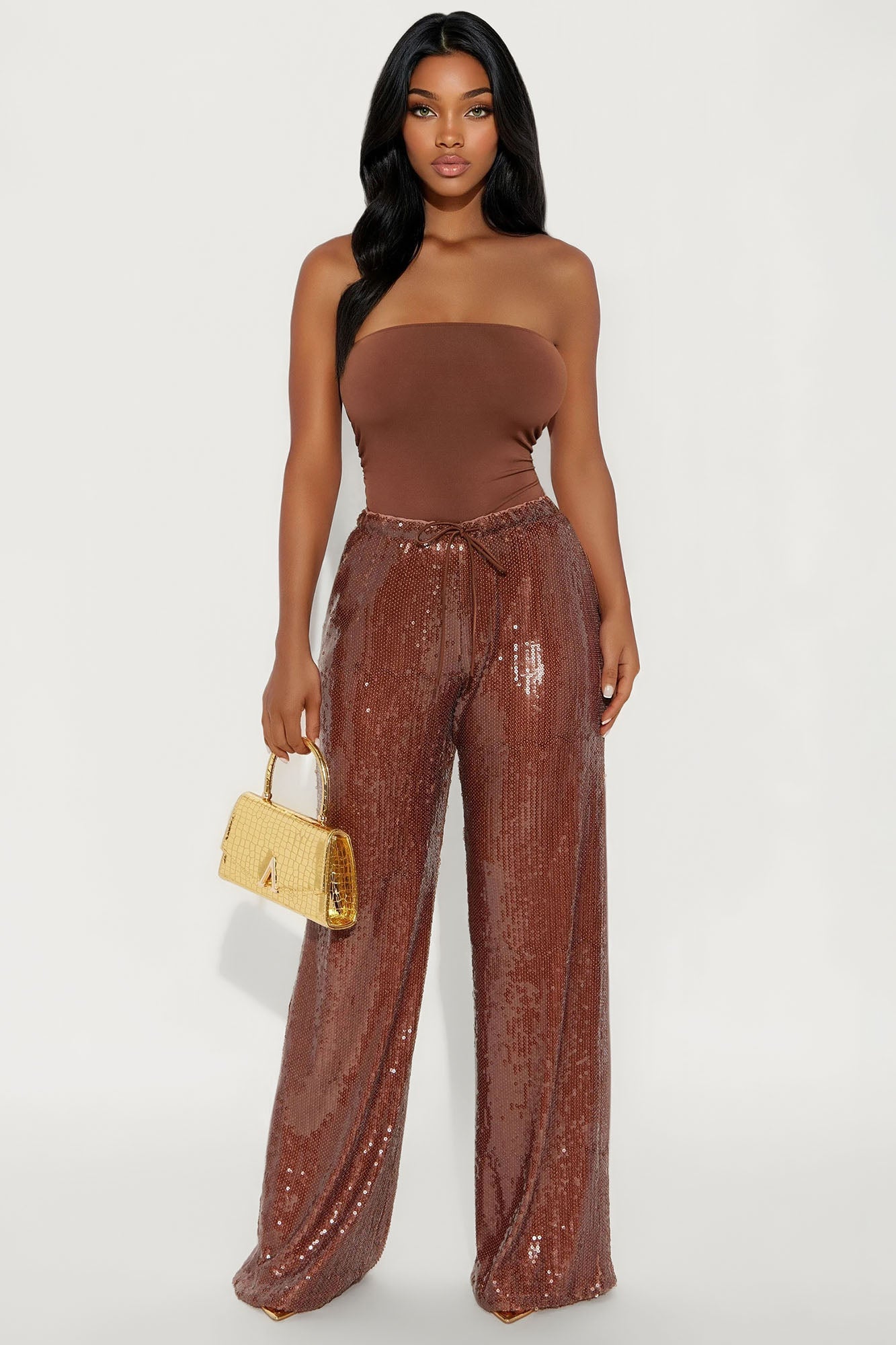 Look My Way Low Rise Wide Leg Sequin Pant 33 - Brown
