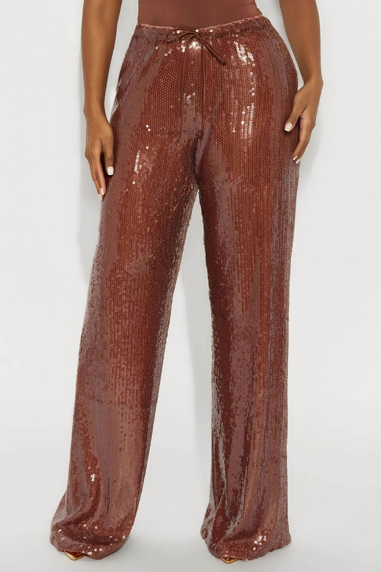 Look My Way Low Rise Wide Leg Sequin Pant 33 - Brown