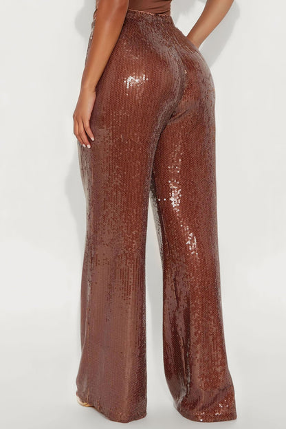 Look My Way Low Rise Wide Leg Sequin Pant 33 - Brown