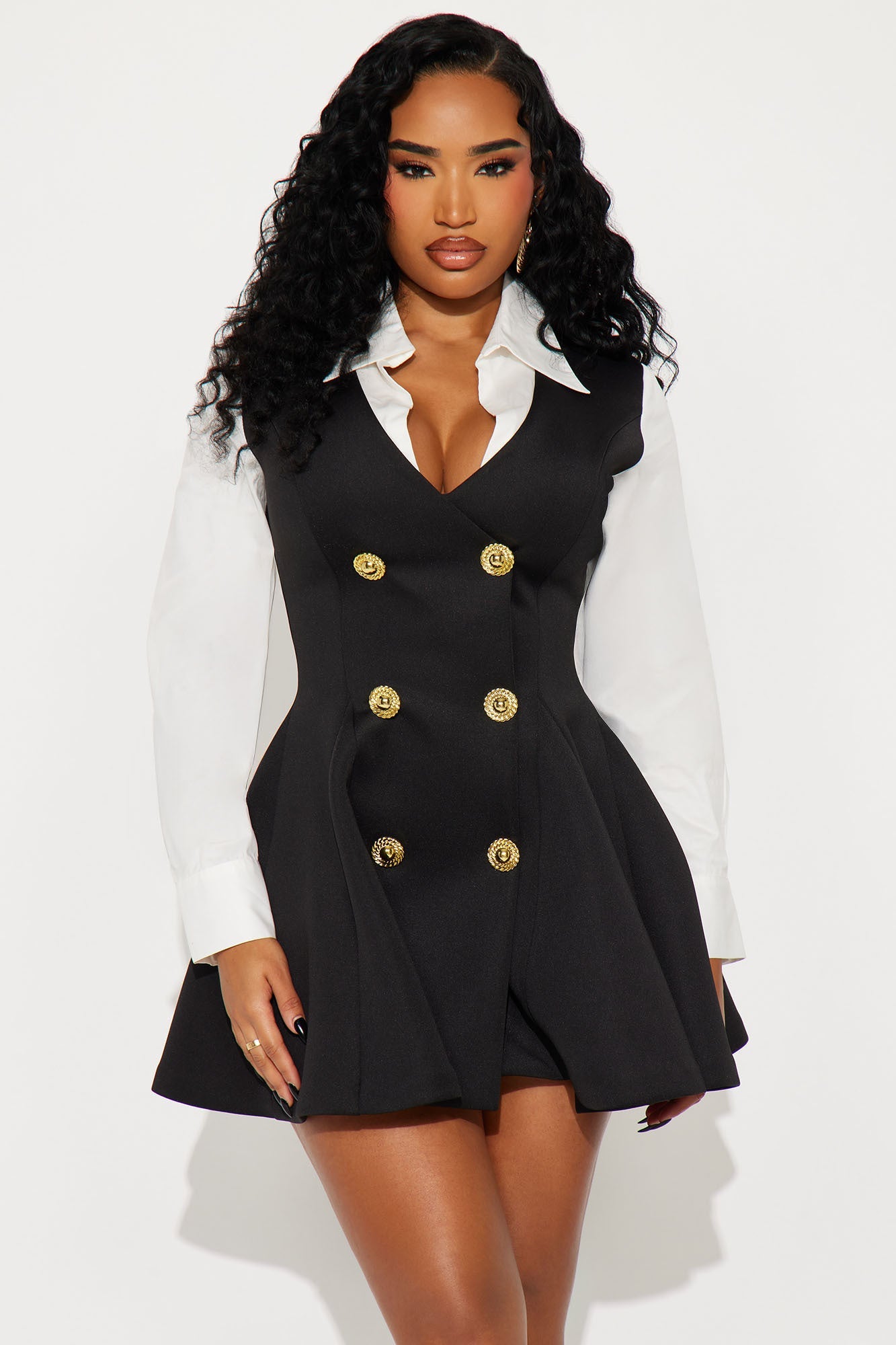 Queen Looks Pleated Long Sleeve Mini Dress - Black