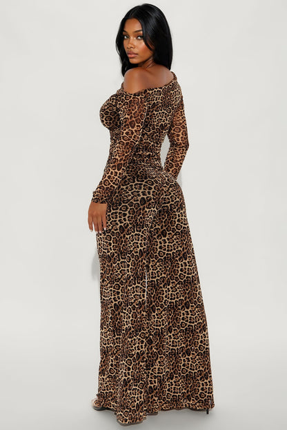 Kara Leopard Wide Leg Pant Set - Brown/combo