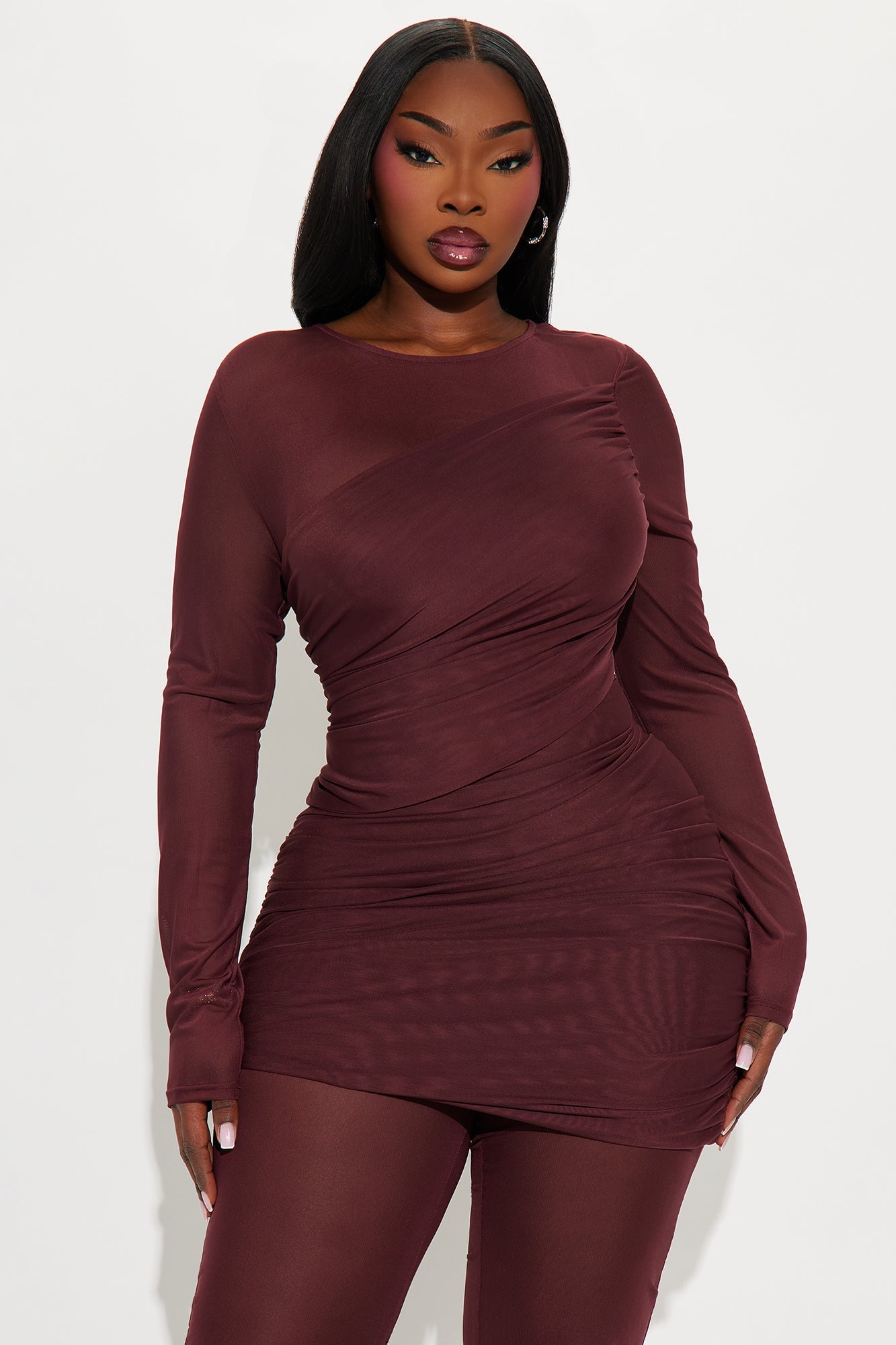 Evelyn Mesh Draped Jumpsuit - Burgundy