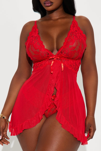 Milania 2 Piece Mesh Lace Babydoll and Panty - DarkRed