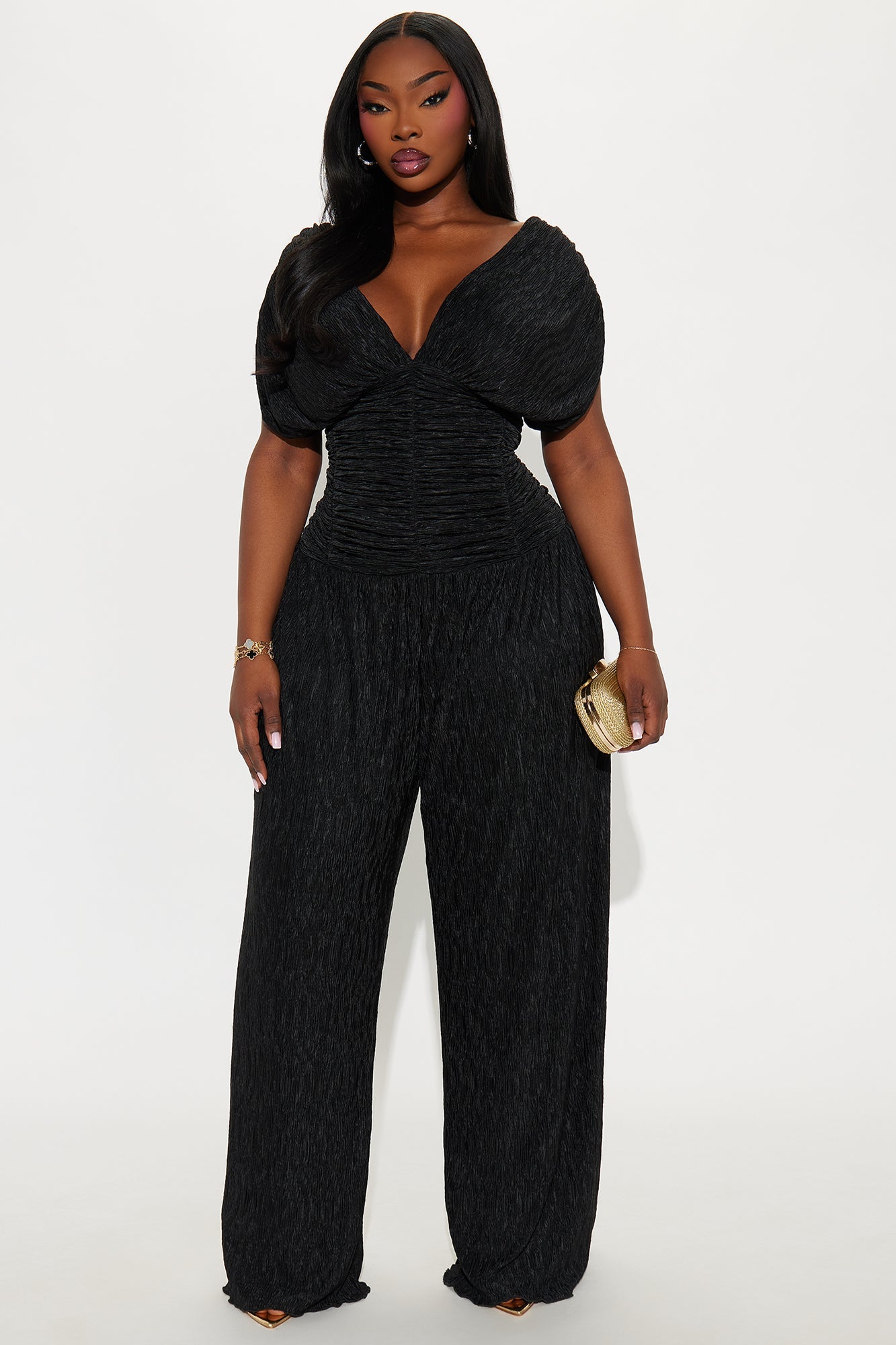 Karime Textured Wide Leg Jumpsuit - Black