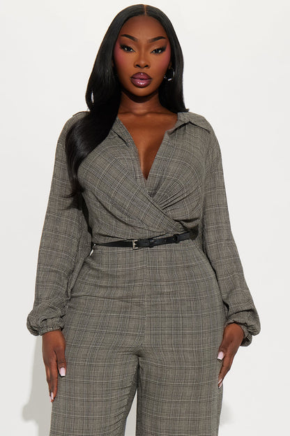 Angela Plaid Belted Jumpsuit - Black/combo