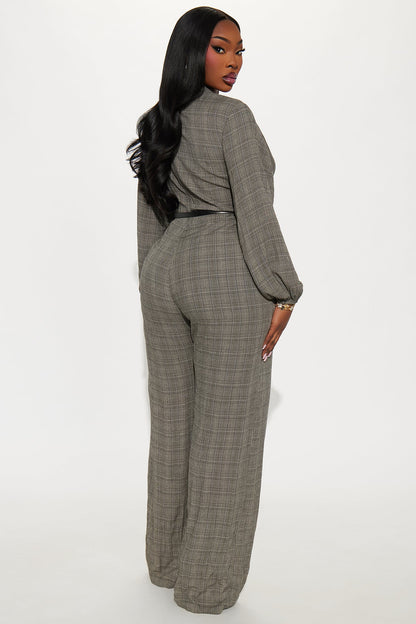 Angela Plaid Belted Jumpsuit - Black/combo
