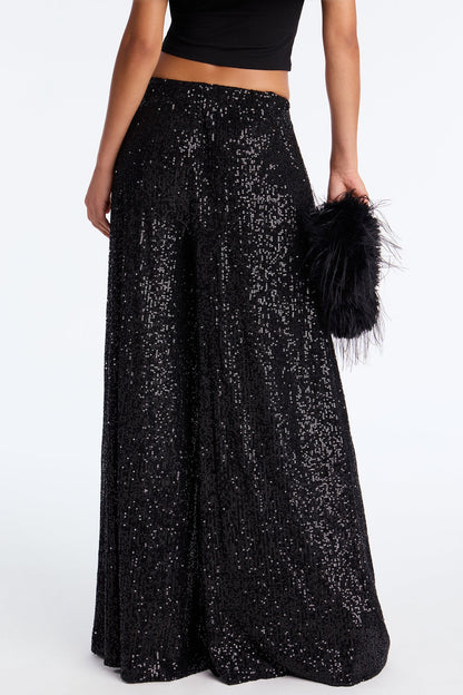 Champagne Wishes Sequin Wide Leg Pant 32″ - Black