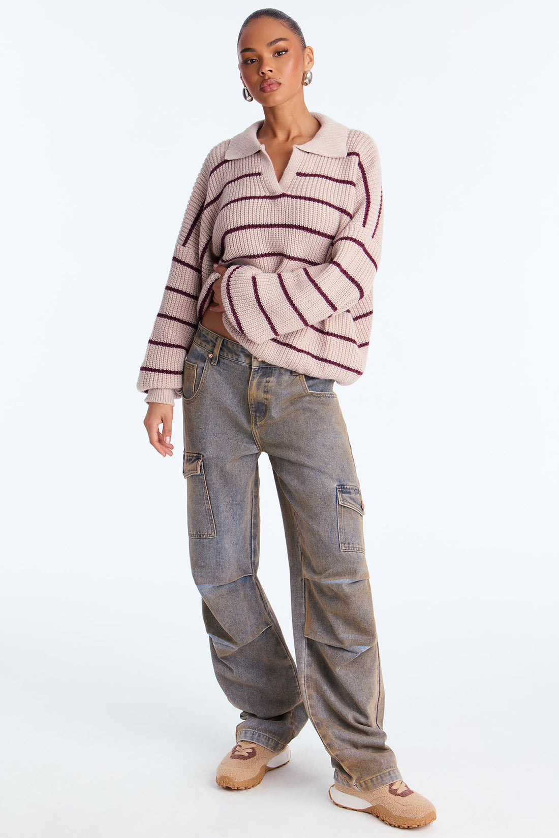 Fine Life Striped Polo Sweater - Taupe/combo