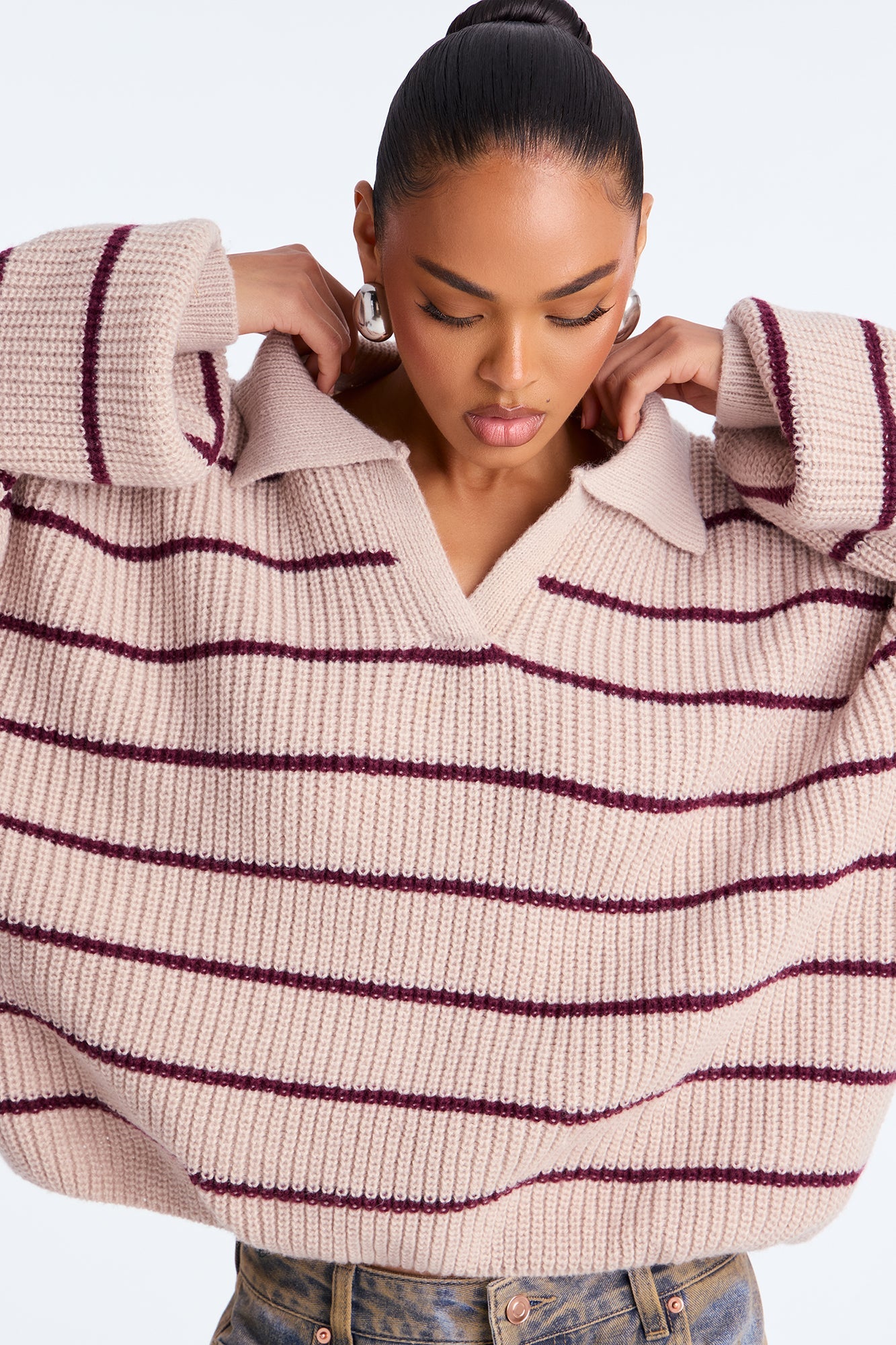 Fine Life Striped Polo Sweater - Taupe/combo