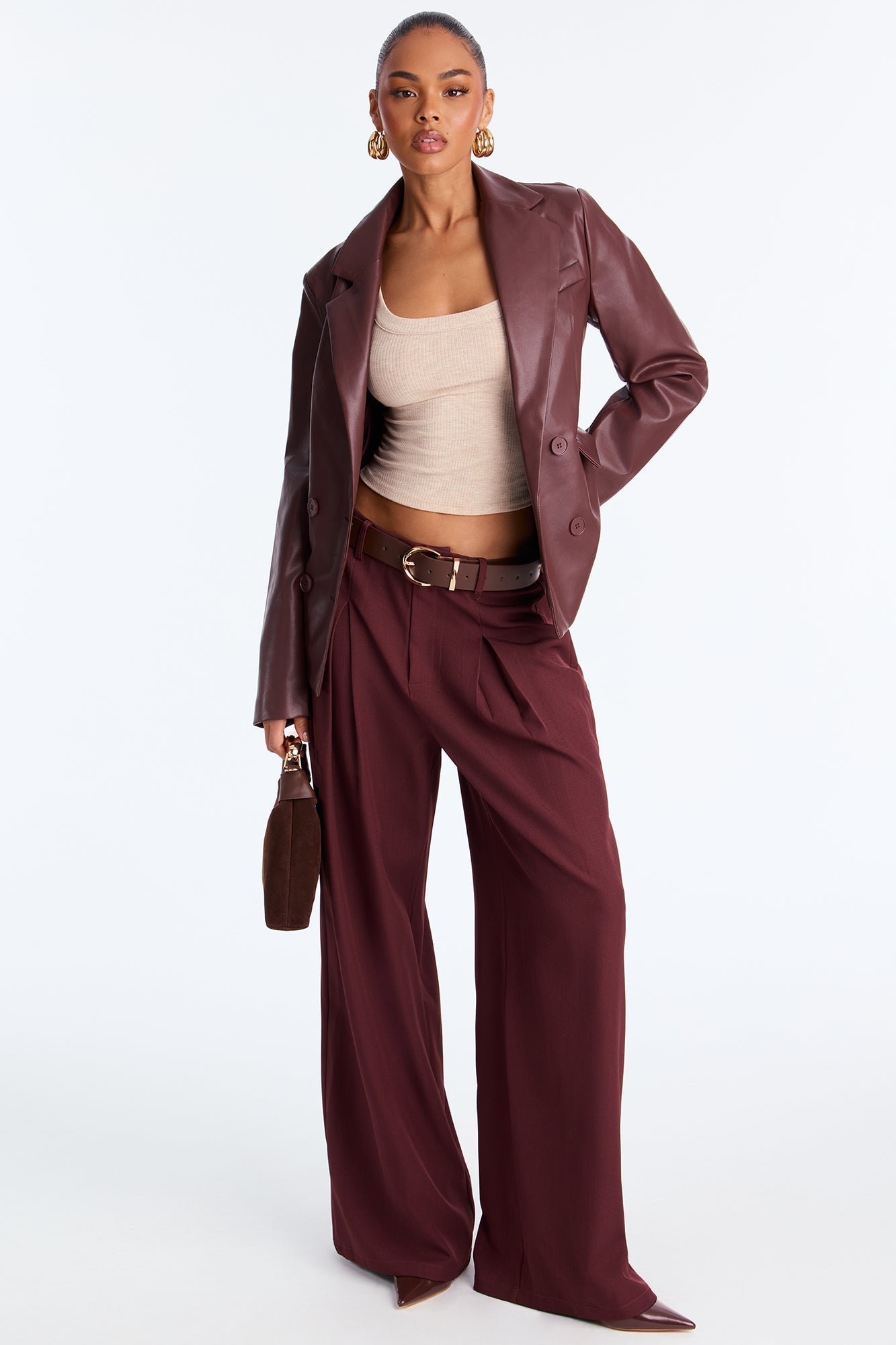 Eren Faux Leather Fitted Blazer - Burgundy