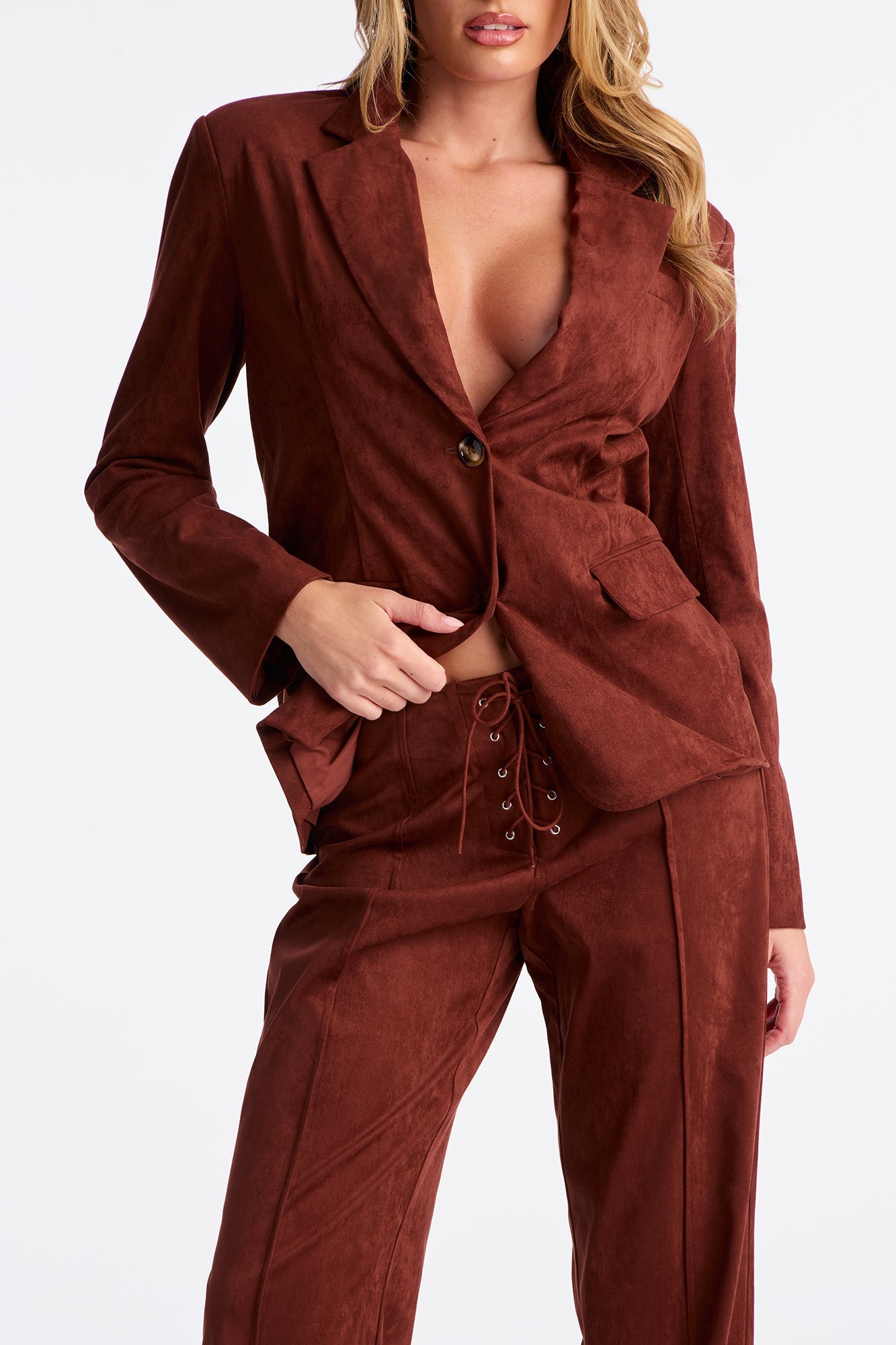 Heather Blazer Faux Suede Pant Set - Brown