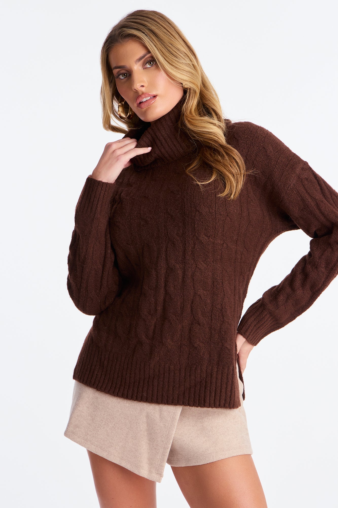 Feeling Chill Cable Knit Turtle Neck Sweater - Brown