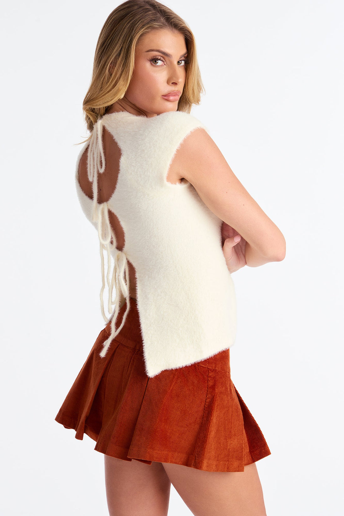 Your Babe Fuzzy Open Back Sweater Top - Cream