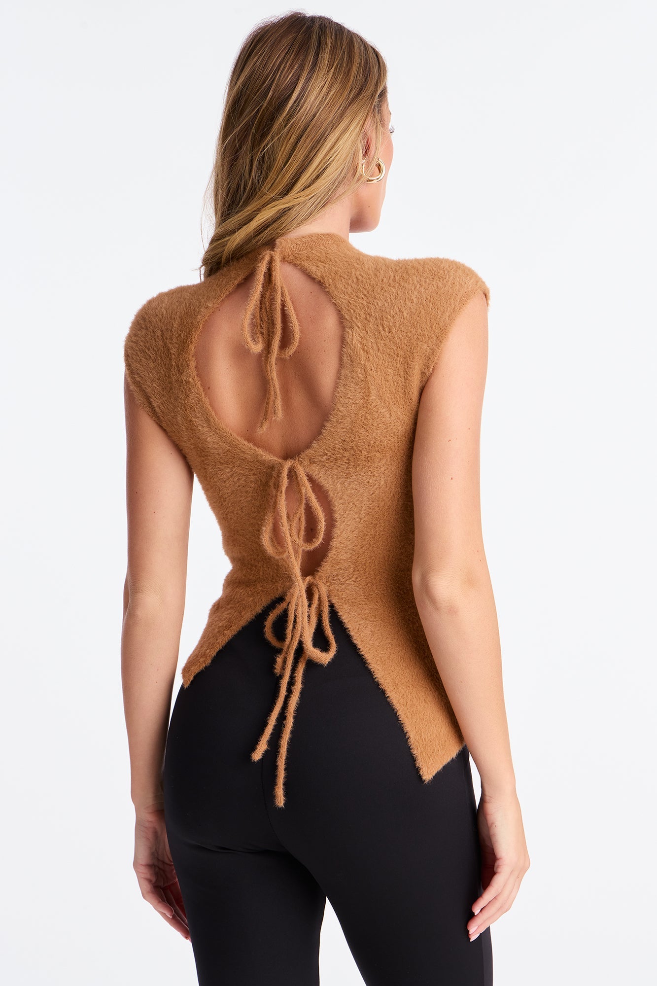 Your Babe Fuzzy Open Back Sweater Top - Mocha