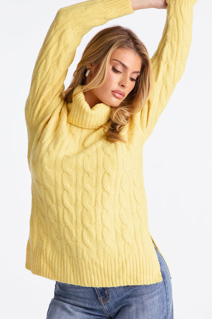Feeling Chill Cable Knit Turtle Neck Sweater - Butter Yellow