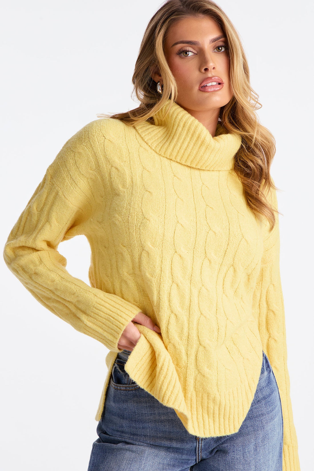 Feeling Chill Cable Knit Turtle Neck Sweater - Butter Yellow