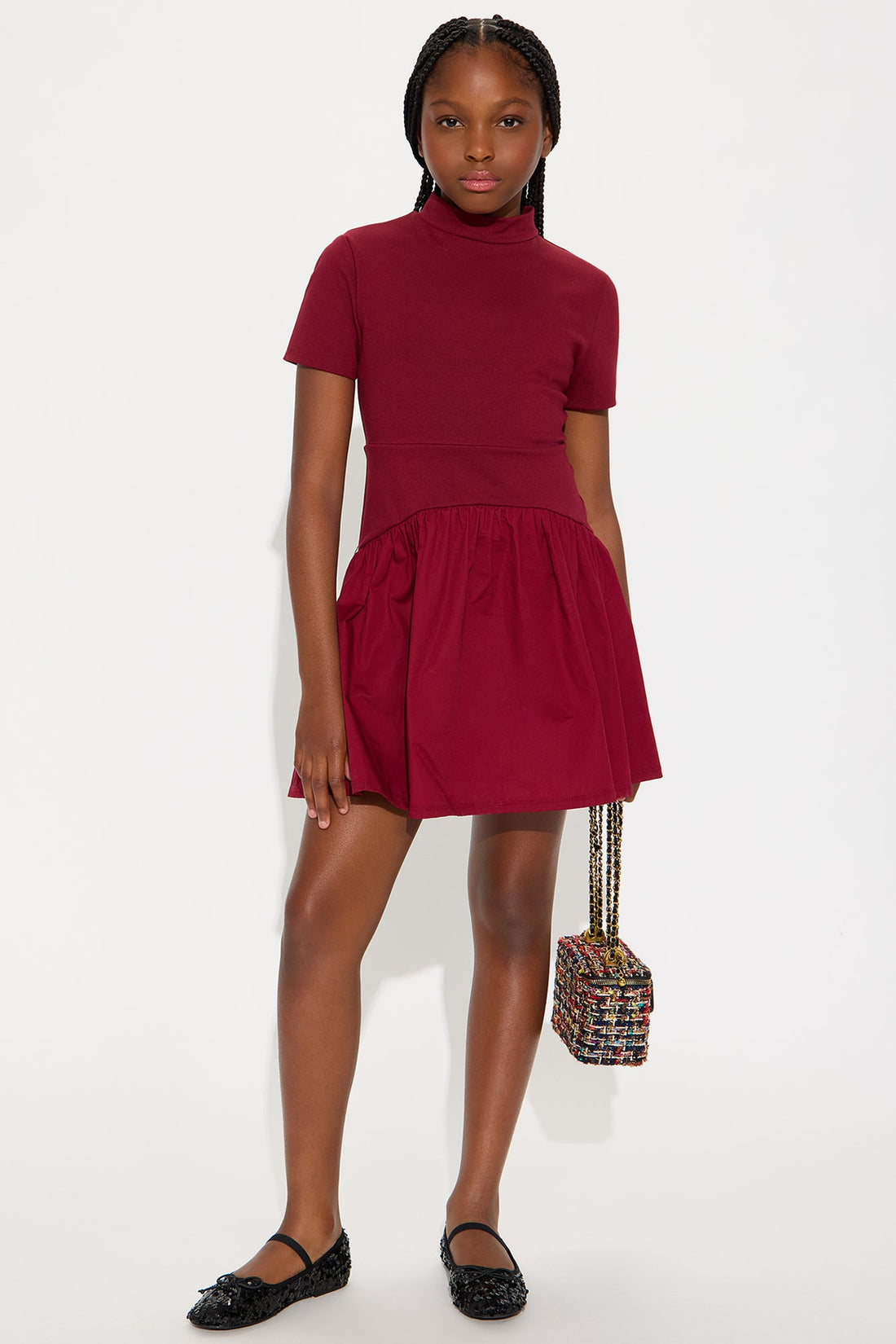 Mini Kennedy Short Sleeve Drop Waist Dress - Wine