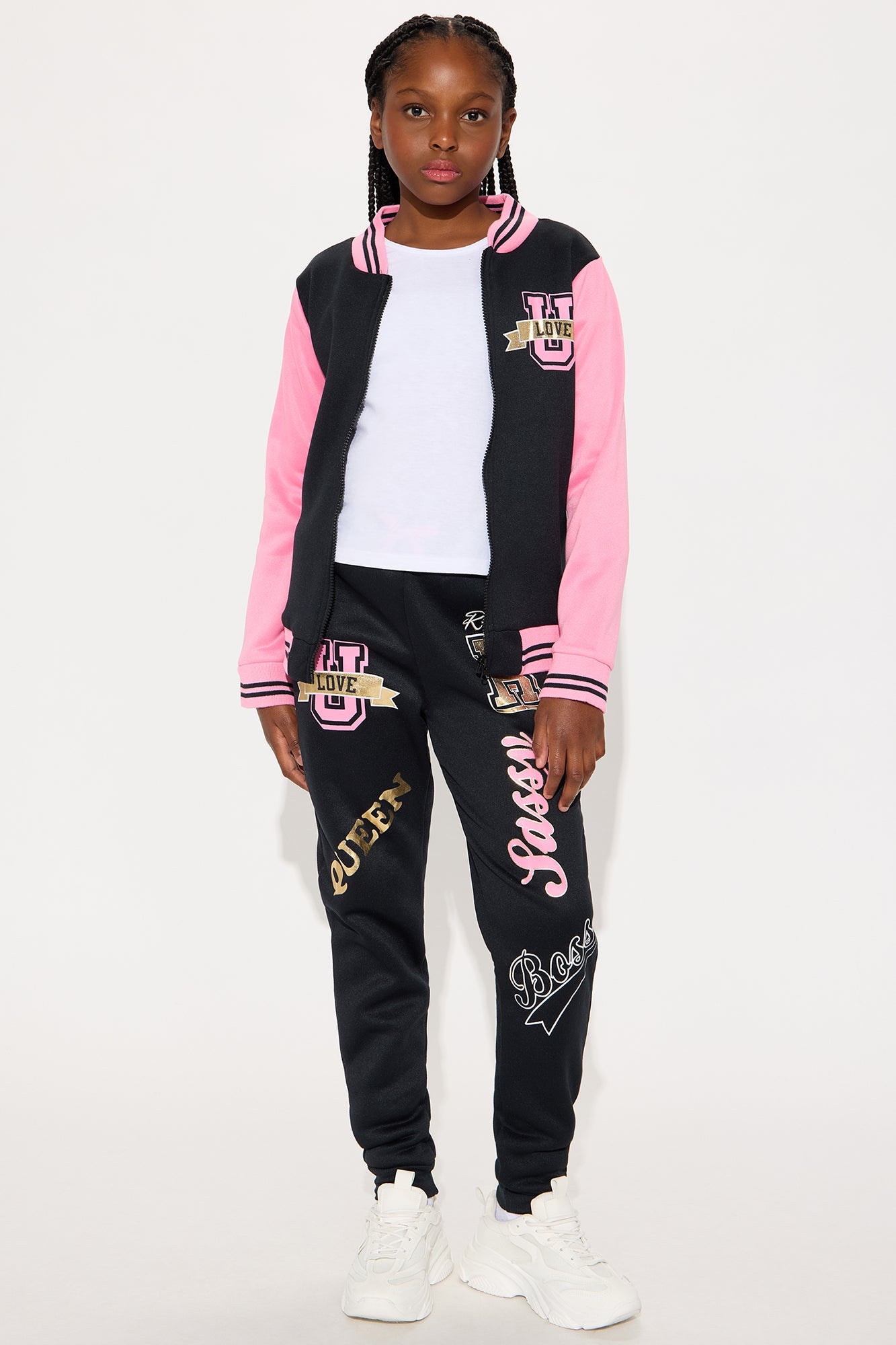 Mini Love University Varsity Jacket And Jogger Pant Set - Black/Pink