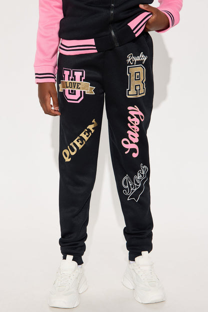 Mini Love University Varsity Jacket And Jogger Pant Set - Black/Pink