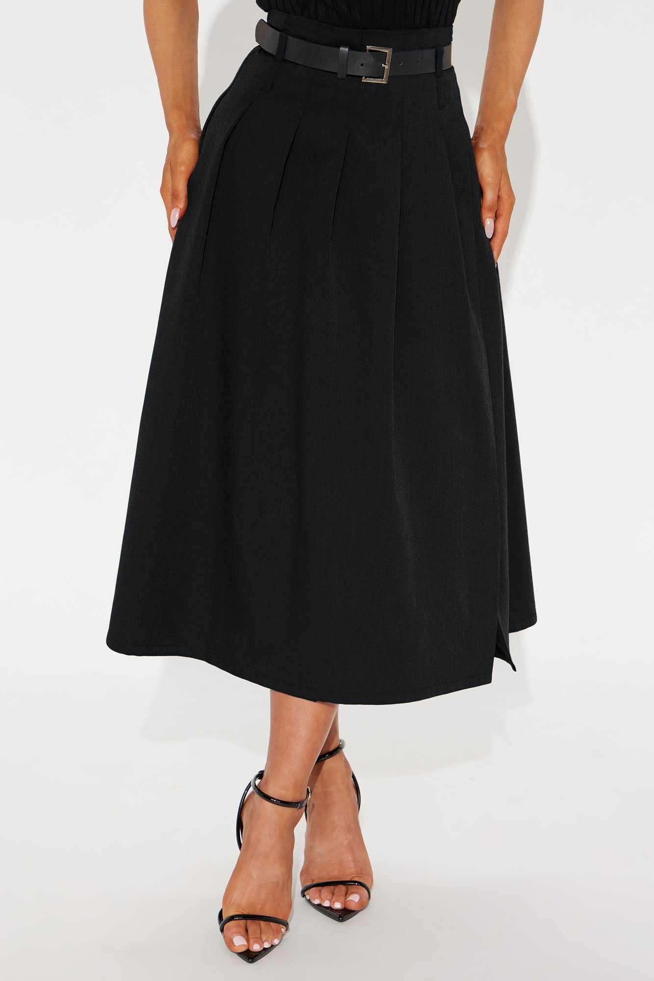 Isabel Belted Pleated Midi Skirt - Black