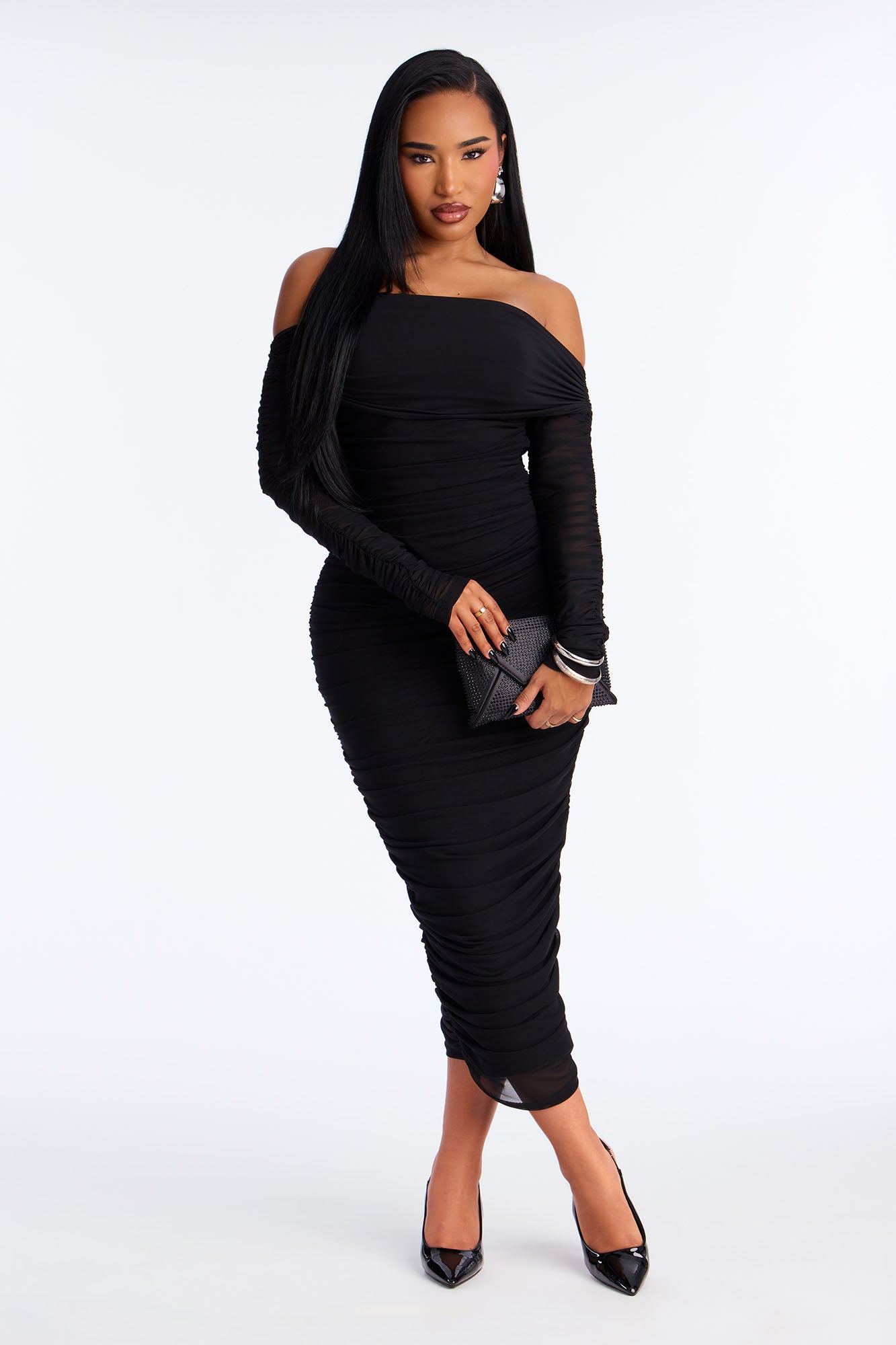 Hallie Ruched Mesh Bandage Midi Dress - Black