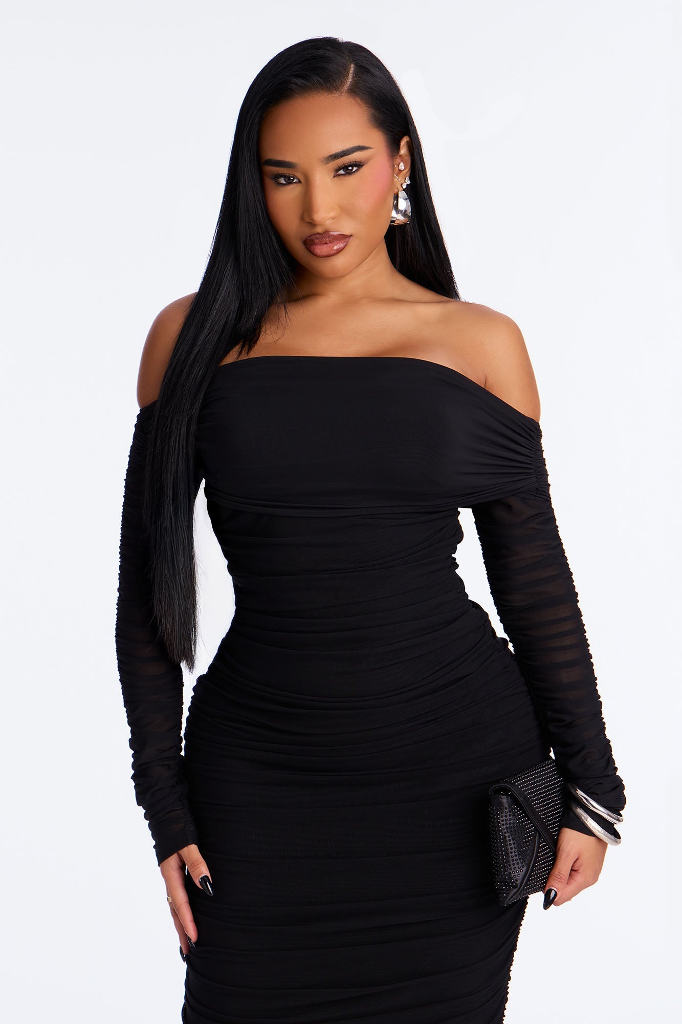 Hallie Ruched Mesh Bandage Midi Dress - Black