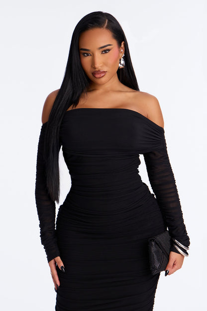 Hallie Ruched Mesh Bandage Midi Dress - Black