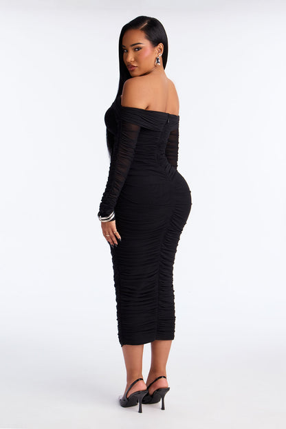 Hallie Ruched Mesh Bandage Midi Dress - Black