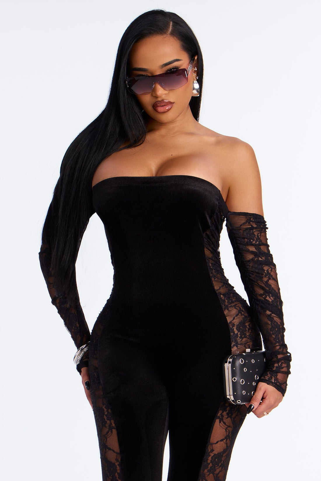 Last Call Velvet Flare Leg Jumpsuit - Black