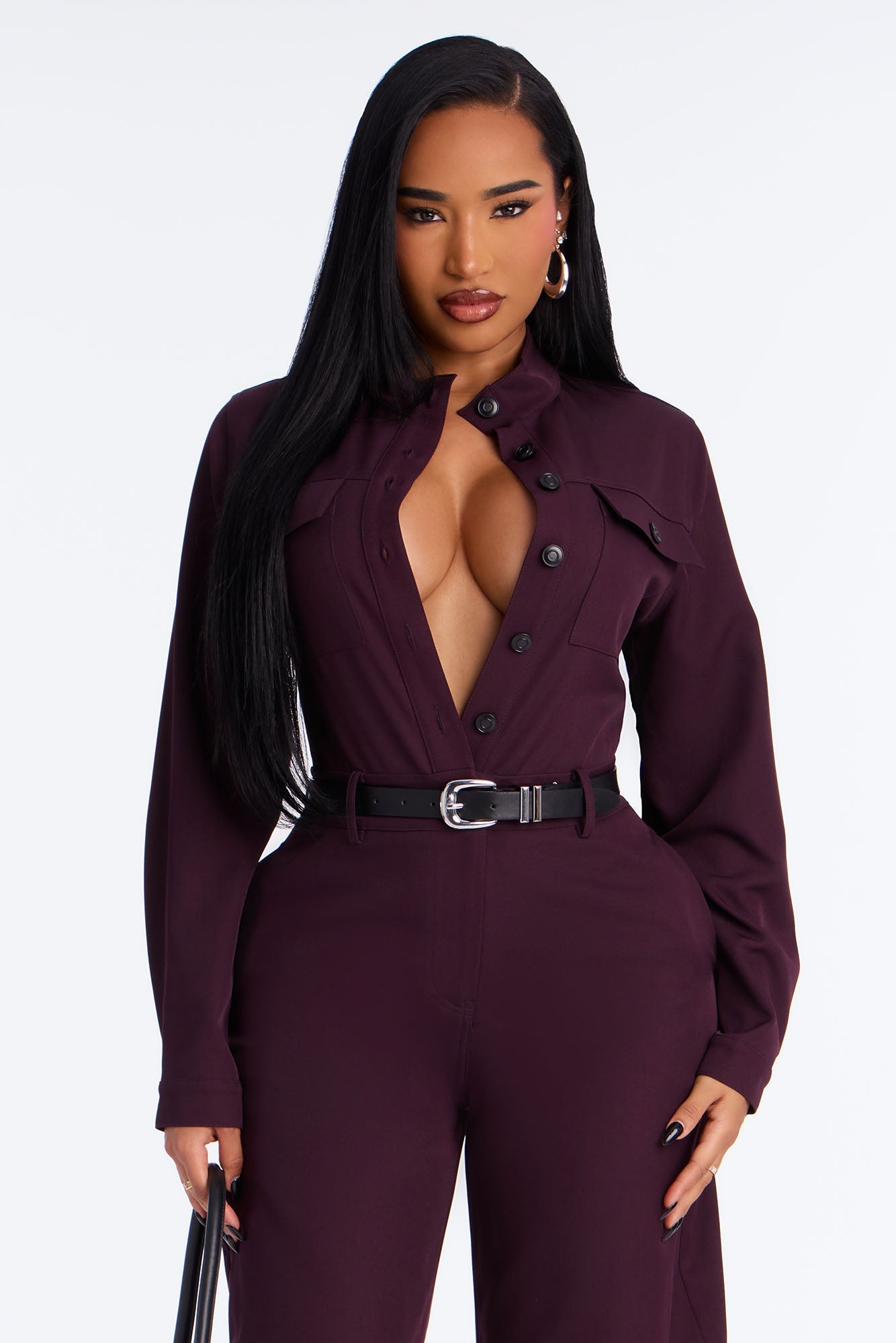 Full Workload Barrel Leg Jumpsuit - Plum