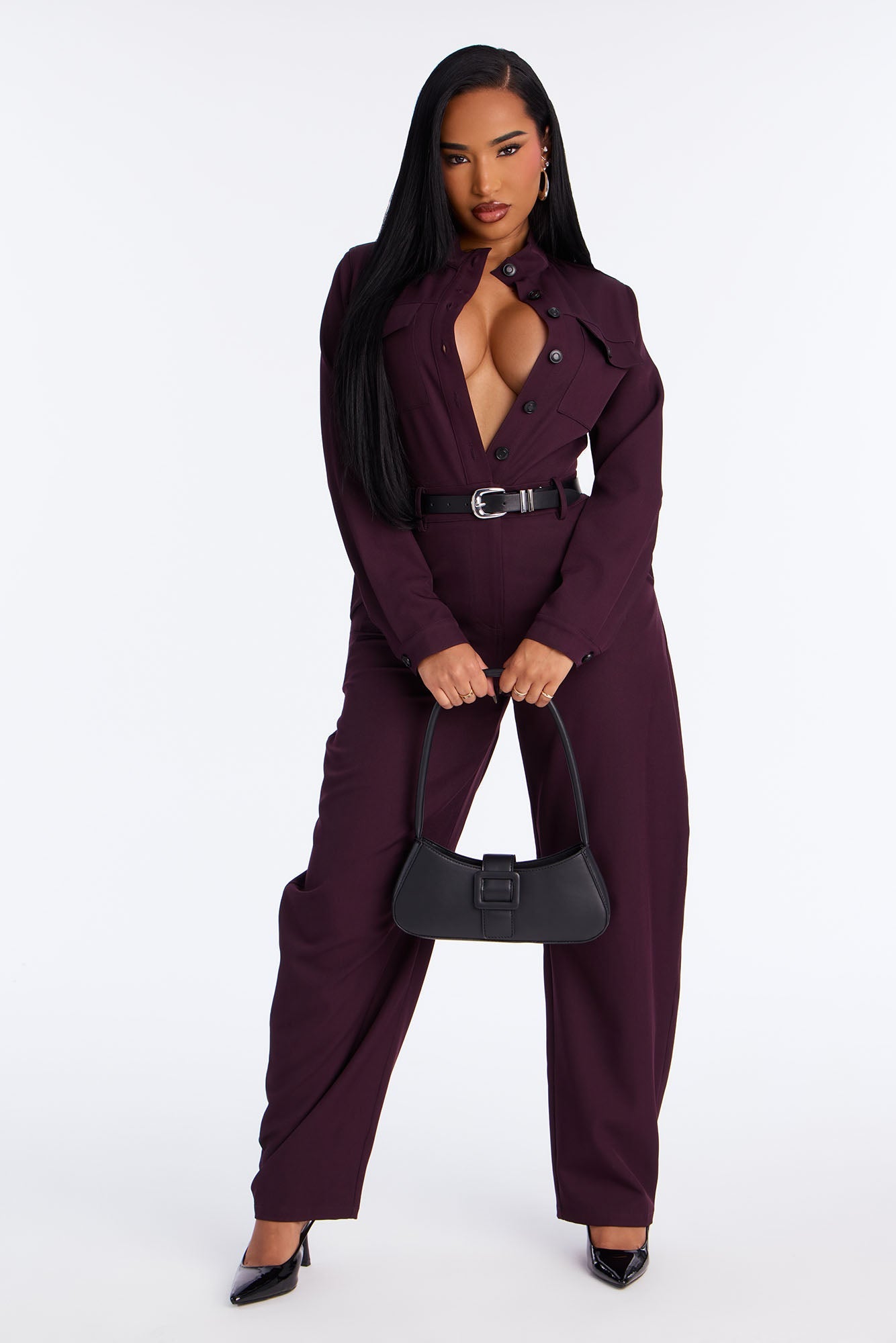 Full Workload Barrel Leg Jumpsuit - Plum