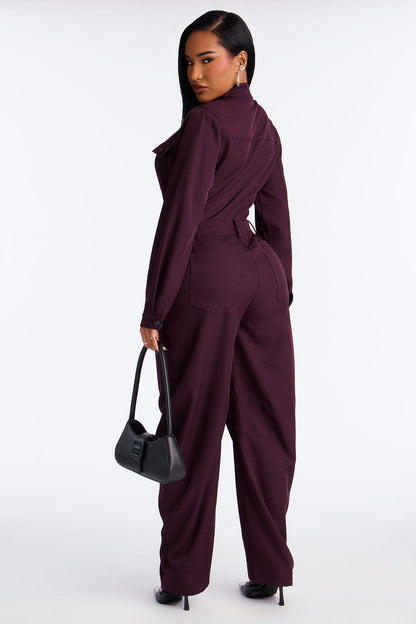 Full Workload Barrel Leg Jumpsuit - Plum