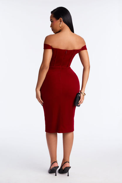 Zuri Off Shoulder Velvet Midi Dress - Red