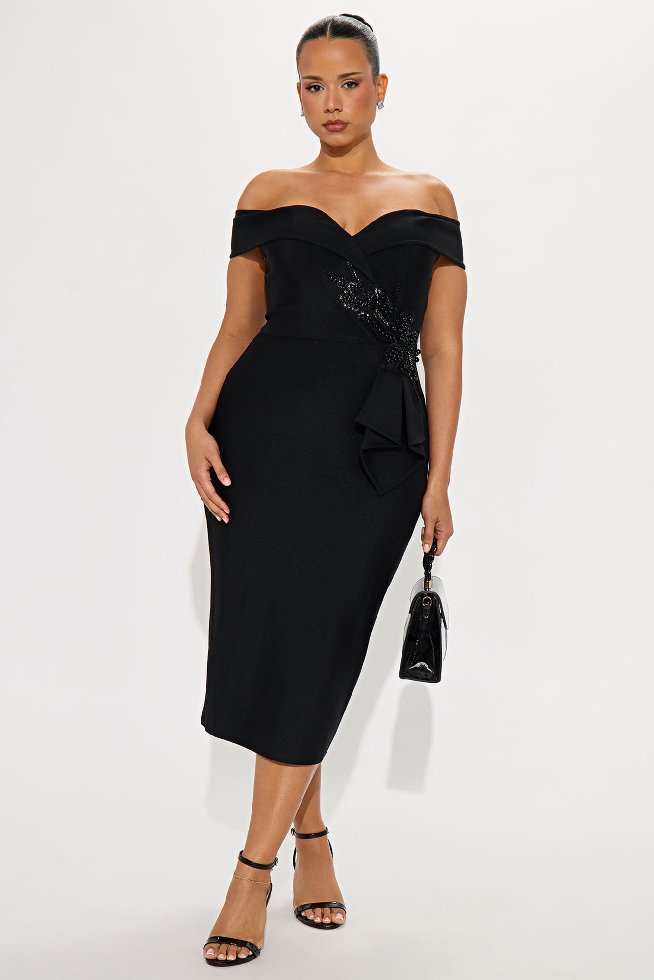 First Class Off Shoulder Bandage Midi Dress - Black