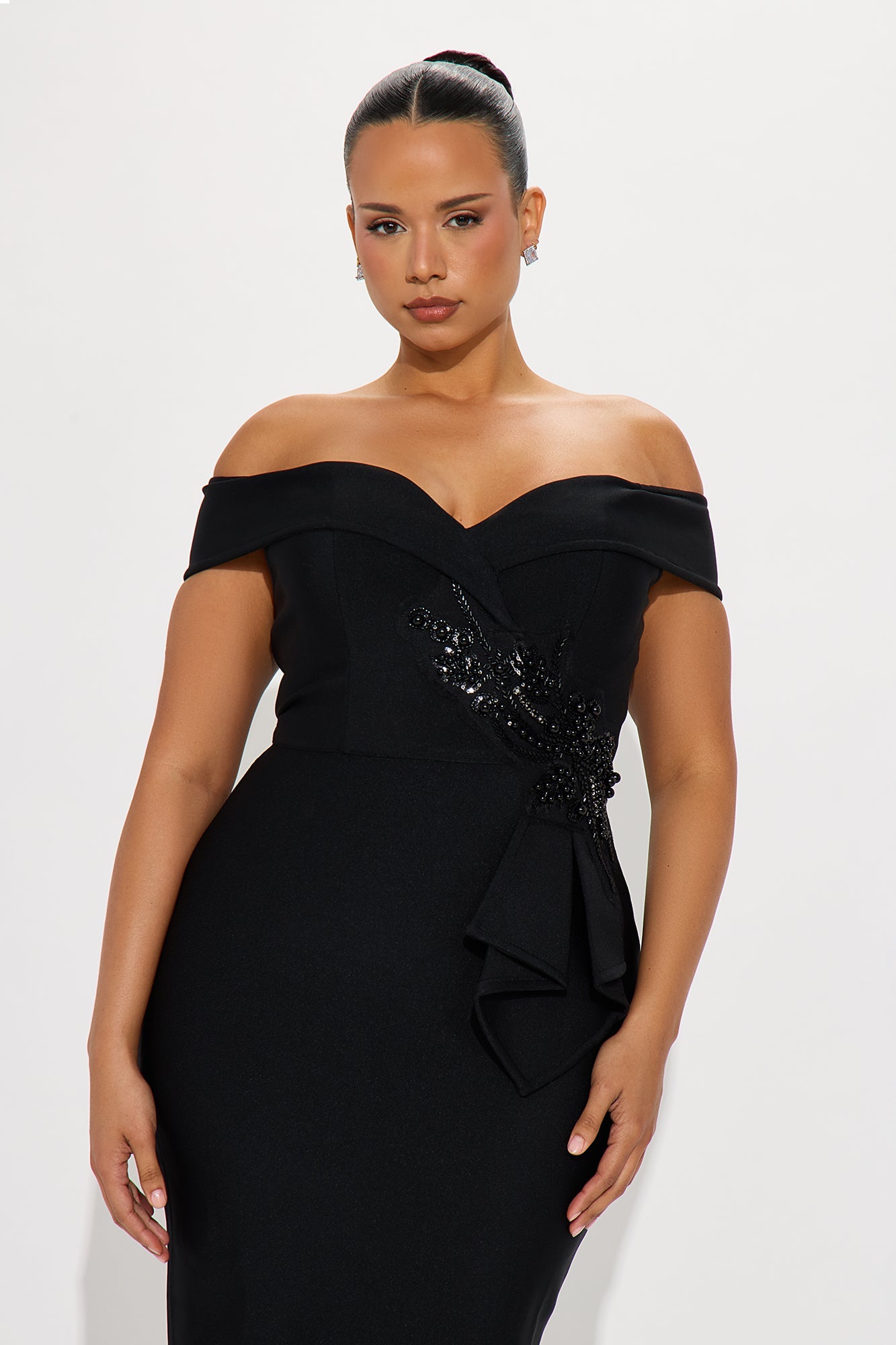 First Class Off Shoulder Bandage Midi Dress - Black