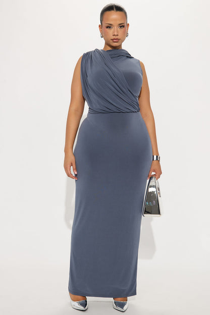 Dare Me Draped Hooded Maxi Dress - Charcoal