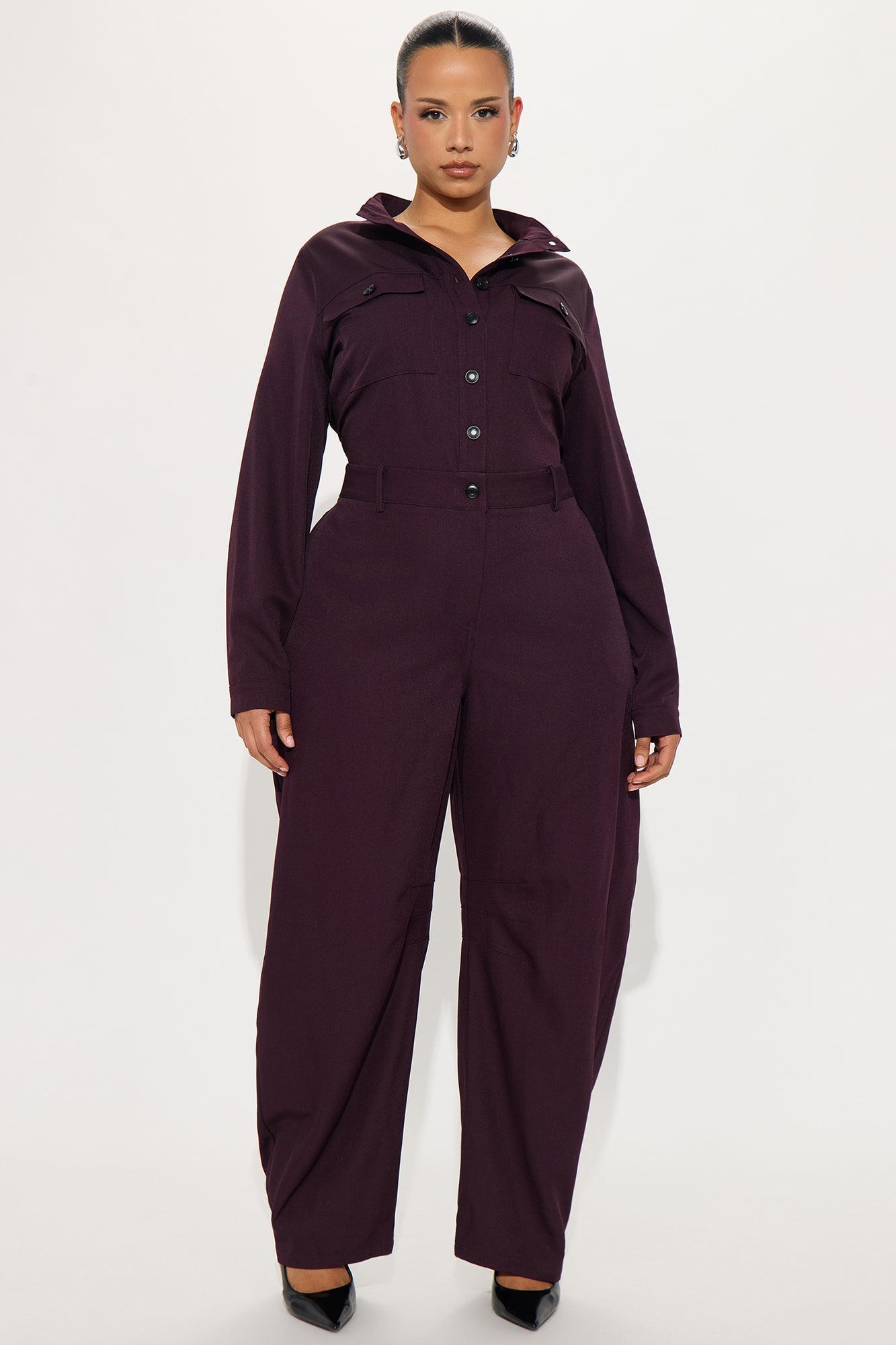 Full Workload Barrel Leg Jumpsuit - Plum