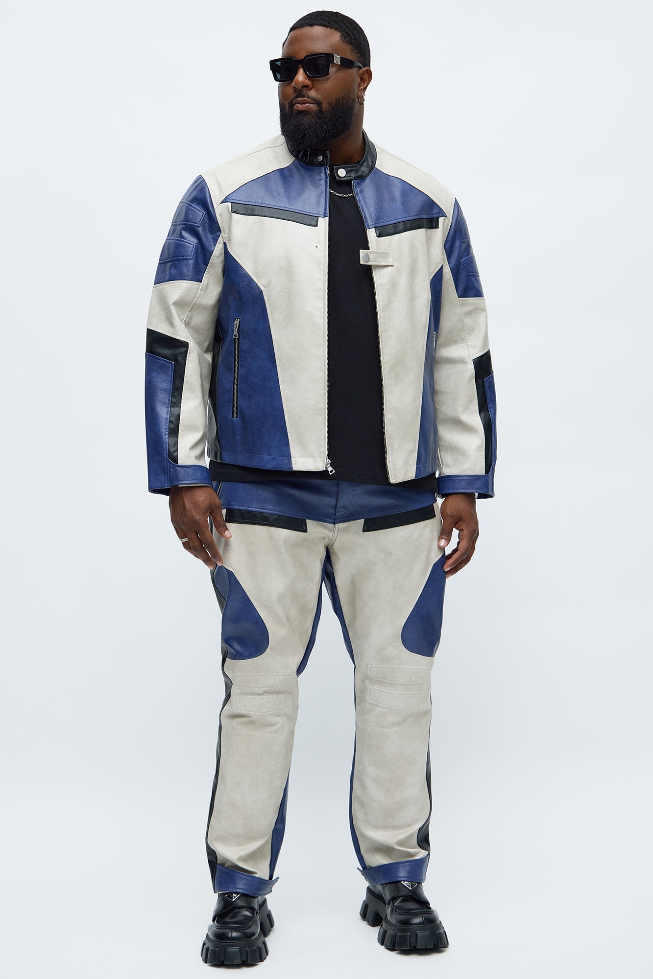Ignition Paneled Faux Leather Moto Jacket - Blue/combo