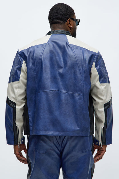 Ignition Paneled Faux Leather Moto Jacket - Blue/combo