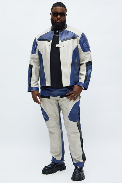 Slim Ignition Paneled Faux Leather Moto Pant - Blue/combo
